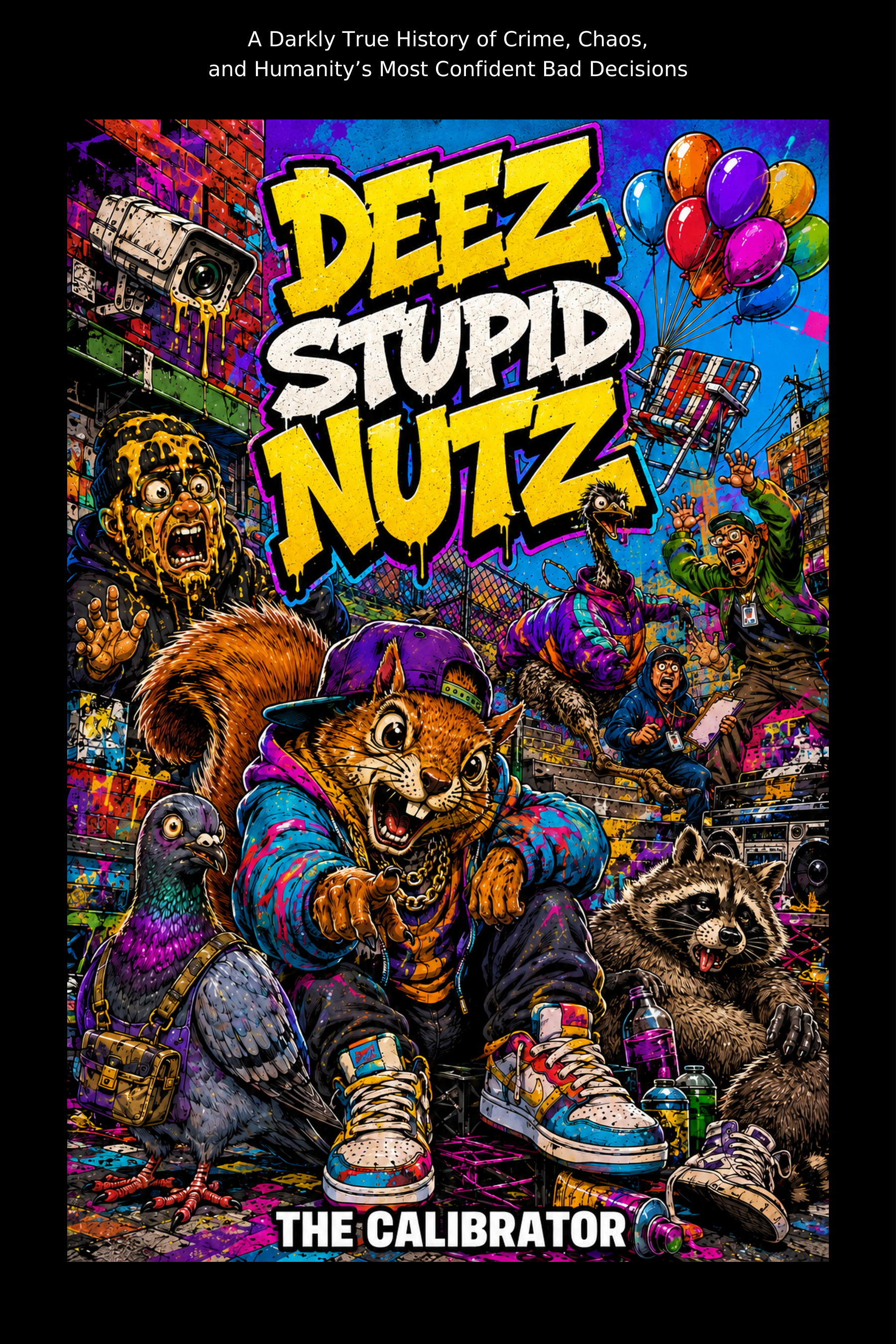 DEEZ STUPID NUTZ cover with a colourful evidence locker of absurd bad decisions