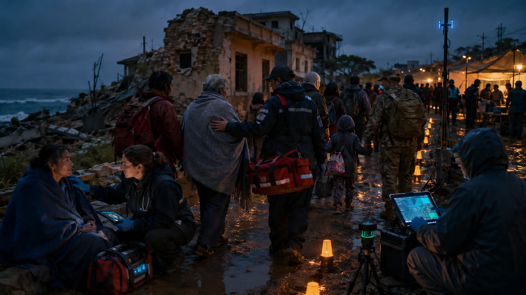 Medics, rescuers and civilians moving through a safe corridor