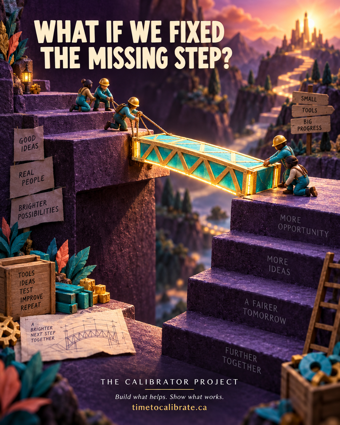 An illustrated miniature team builds a turquoise and gold bridge across a missing step in a purple staircase. Headline: What if we fixed the missing step?