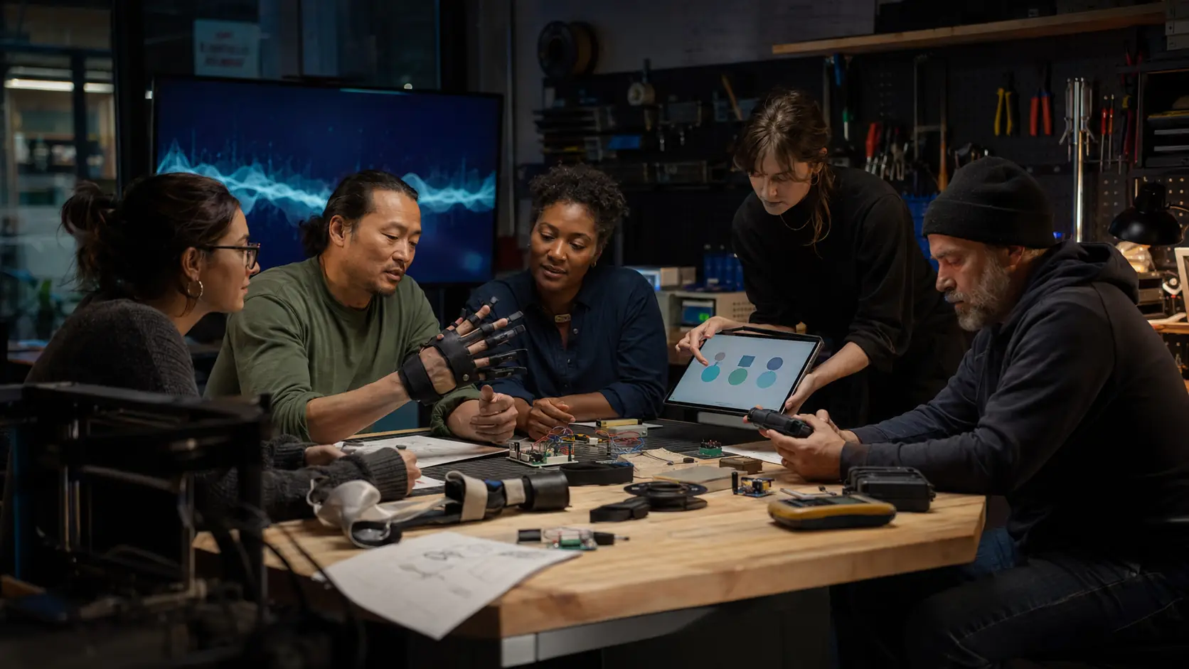 Illustration of people making and testing useful tools together
